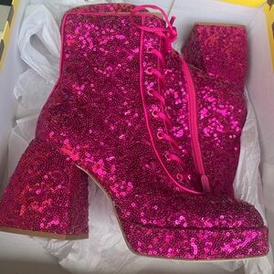 Circus By Sam Edelman Kia Sequin Dark Punk Pink Lace Up Side Zipper Ankle Boots